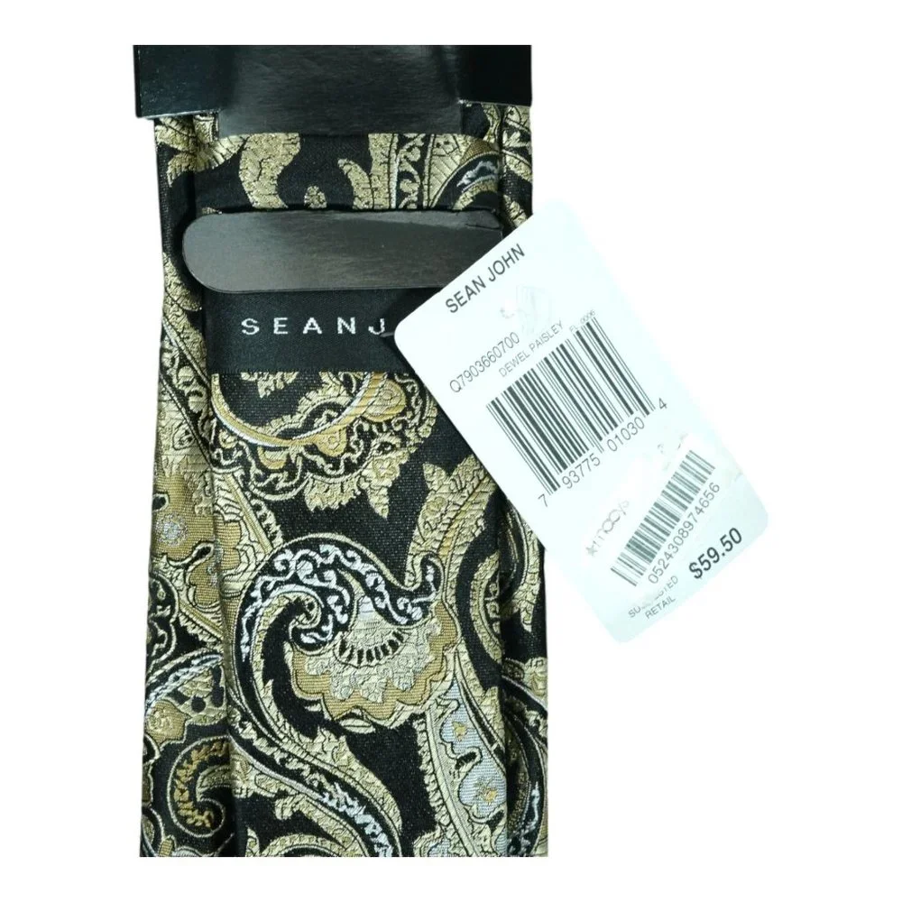 NWT $59 Sean John 100% Silk Neck Tie Gold Black Dewel Paisley 58